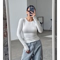 Miniatyrbillede 5 af 8: Langærmet skjorte dame tætsiddende rund hals langærmet crop top Y2K slim fit toppe hvid vit M