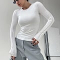 Miniatyrbillede 1 af 8: Langærmet skjorte dame tætsiddende rund hals langærmet crop top Y2K slim fit toppe hvid vit M