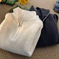Miniatyrbild 4 av 6: Halv Blixtlås Tröja Mäns Vinter 2023 Nya Aprikos Färg Knitwear Koreansk Stil Idle Style Mångsidig Casual Casual Case Plåtta Green M