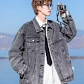 Miniatyrbillede 1 af 5: Sort Amerikansk Denim Jakke Mænds Efterår Vinter Retro Lapel Overalls Mænds Casual Top Forår Og Efterår Ny Grey XXL