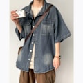Miniatyrbild 4 av 6: Sommaren Japanska Tvättade Distressed Kort Ärm Denim Tröja För Pojkar Och Flickor Retro Trendy Ruan Handsig Work Kläder Shira T Coat Trend Light Blue XXL