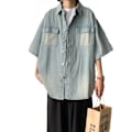 Miniatyrbild 5 av 6: Sommaren Japanska Tvättade Distressed Kort Ärm Denim Tröja För Pojkar Och Flickor Retro Trendy Ruan Handsig Work Kläder Shira T Coat Trend Black And Gray XXL