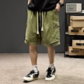Miniatyrbillede 1 af 5: Sommer Plus Størrelse Casual Japansk Mode Mærke Multi-Pocket Arbejdstøj Femte Bukser Tynde Løs Trendy Straight Korte Bukser Mode Green XL