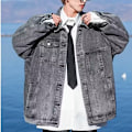 Miniatyrbillede 3 af 5: Sort Amerikansk Denim Jakke Mænds Efterår Vinter Retro Lapel Overalls Mænds Casual Top Forår Og Efterår Ny Grey XXL