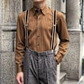 Miniatyrbillede 2 af 6: Retro Kaffe Farve Stribet Skjorte Mænd Langærmet Business Casual Top Spids Krave Britisk Trendy Slim-Fit Skjorte Vår Og Efterår. Apricot XXL