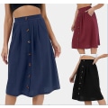 Miniatyrbilde 1 av 2: Kvinners Halvskjørt Casual Button Insert A-linje Skjørt Elastisk Høy Midje Midi Lengde black XL