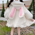 Miniatyrbillede 4 af 6: Sød Bunny Ear Hoodie Fuzzy Fluffy Kanin Sweater Sweatshirt Pullover Toppe Langærmet Kawaii Jakke Frakker Hvid M white m