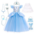 Miniatyrbilde 2 av 5: Askepott-kostyme for barn, bursdagsfest, ballkjole, prinsesseskjørt med blå blonder, linse, Halloween-forestillingsklær A01 9-10T(Size 150 )