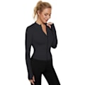 Miniatyrbild 2 av 6: Dam långärmad sporttröja gymtoppar fitness träning yoga crop tops dam löpartröjor halv dragkedja andningsbar aktivt kläder med tumhål black M