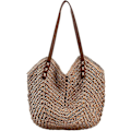Miniatyrbillede 1 af 5: Håndvævet blød stor strå skuldertaske Retro Boho Tote tasker sommer strand vævet taske Rattan håndtaske - Brun -