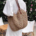 Miniatyrbillede 2 af 5: Håndvævet blød stor strå skuldertaske Retro Boho Tote tasker sommer strand vævet taske Rattan håndtaske - Brun -
