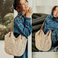 Miniatyrbillede 4 af 5: Håndvævet blød stor strå skuldertaske Retro Boho Tote tasker sommer strand vævet taske Rattan håndtaske - Brun -