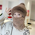 Pikkukuva 3 / 5: Naisten pyöräilytuulenpitävä huivihattu Talvinen kaulaliina Lämmin fleece-naamio Termohuppu Pompomilla hiihtämiseen pyöräilyyn One Size,Beige