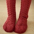 Miniatyrbillede 3 af 5: Kvinder Vinter Varme Tykke Strikkede Plysforet Sutsko Strømper Ensfarvet Chunky Kabel Hæklede Bløde Fuzzy Hyggelige Sove Strømper Burgundy