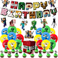 Pikkukuva 1 / 5: Minecraft-peliteema syntymäpäiväjuhlan koristetarvikkeet Ilmapallot Banner Kakkukoristeet Setti