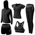 Miniatyrbild 1 av 4: Dam 5-delad yogadräkt träningsset dam aktivkläder set sport yoga fitnesskläder damer träningskläder sportkläder för löpning jogging gym black L