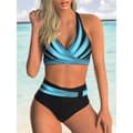 Tvådelad baddräkt för dam, V-ringning, korsad blommig bikini, baddräkt, bikini set med magkontroll BLÅ BLÅ M M