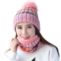Miniatyrbilde 1 av 3: Vinterstrikket lue- og skjerfsett for kvinner, beanie med pompom Pink