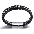 Miniatyrbillede 5 af 5: Børns drenge ægte læderarmbånd sort. Titanium sølvkæde