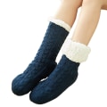 Miniatyrbilde 1 av 5: Kvinners Vinter Varme Tykke Strikkede Plysjforede Tøffelsokker Ensfarget Chunky Kabel Heklet Myke Fuzzy Koselige Sovestrømper Dark blue