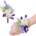 Miniatyrbilde 1 av 5: 2 stk håndleddsblomst, kunstig bryllupshåndleddsblomst og knapphullsblomstsett brud håndblomst menn knapphullsblomst for bryllup, lilla bånd