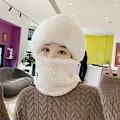 Pikkukuva 2 / 5: Naisten pyöräilytuulenpitävä huivihattu Talvinen kaulaliina Lämmin fleece-naamio Termohuppu Pompomilla hiihtämiseen pyöräilyyn One Size,Beige