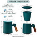 Miniatyrbillede 5 af 5: Tekop med teinfuser og låg, løs te-si med træhåndtag, 360 ml mat keramisk teinfuser gave dark green