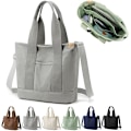 Miniatyrbild 1 av 6: Multi-Pocket Tote Bag med dragkedja, Canvas Handgjord Handväska med fack, Multifunktion Satchels Bag för kvinnor Damer Univisity Skola Arbete Resor Grey - Medium