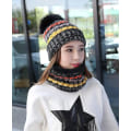 Miniatyrbillede 3 af 4: Vinterstrikket Hætte og Halsklæde Sæt til Kvinder Beanie Hat med Pom Pom Black