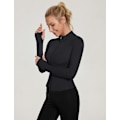 Miniatyrbild 3 av 6: Dam långärmad sporttröja gymtoppar fitness träning yoga crop tops dam löpartröjor halv dragkedja andningsbar aktivt kläder med tumhål black M