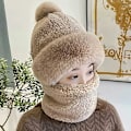 Pikkukuva 3 / 5: Naisten pyöräilytuulenpitävä huivihattu Talvinen kaulaliina Lämmin fleece-naamio Termohuppu Pompomilla hiihtämiseen pyöräilyyn One Size,Grey