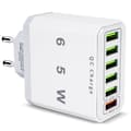 Multi-USB-laddare, 65W 6-portars USB-snabbladdare med QC 3.0 Smart Snabbladdare, Universal USB-A Strömadapter