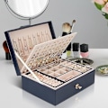 Miniatyrbillede 2 af 6: Smykkeboks Organizer til Halskæder, Øreringe, Armbånd, Ringe, Stor PU Læder Smykke Opbevaringskasse med 3 Stabelbare Blue