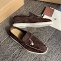 Miniatyrbilde 1 av 2: Sommersko for damer Loafers Mokasiner i semsket skinn med spenne, komfortable myke såler, flate sko i store størrelser, kaffe coffe coffe 46