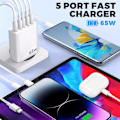 Miniatyrbillede 2 af 4: USB C Oplader, 65W 5 Port USB C Oplader med QC 3.0 Smart Hurtigoplader, USB Strømadapter til iPhone 15 14 13 12 11 Pro MAX SE 2020 XS XR 8 7