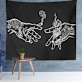 Pikkukuva 4 / 6: Valkoinen ja musta kukkakuvioinen seinävaate, psykedeelinen trippy hippi boho -seinävaate (150×100cm)