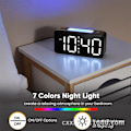 Miniatyrbild 2 av 8: Superhög väckarklocka för tunga sovande vuxna, digital klocka med 7-färgs nattljus, justerbar volym, dimmer, USB laddare, små klockor för sovrum ljusblå