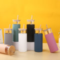 Miniatyrbild 5 av 5: Glas tumlare glas vattenflaska halm silikon skyddshylsa bambu lock - BPA fri (blå)