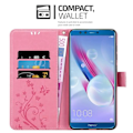 Miniatyrbild 2 av 4: Coque Honor 9 LITE - CADORABO - Rosafloral - Syntetiskt läder - Ställfunktion - Platser för kort Rosa blommig