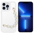 Miniatyrbild 1 av 4: Skydd för Apple iPhone 13 PRO i vitt med pärlor Fodral i flexibelt TPU-silikon med handledsrem Vit