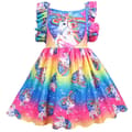 Barn Flickor Rainbow Unicorn Ruffle Princess Klänning Festklänning 130cm