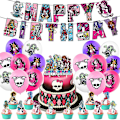 Pikkukuva 1 / 5: Monster High -teemaisen syntymäpäiväjuhlan tarvikkeet, lippu, ilmapallot, kakku- ja cupcake-koristeet, koristelusetti
