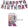 Pikkukuva 2 / 5: Monster High -teemaisen syntymäpäiväjuhlan tarvikkeet, lippu, ilmapallot, kakku- ja cupcake-koristeet, koristelusetti