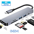Miniatyrbild 2 av 5: 6-i-1 USB C Hub Typ C Adapter till 4K HDMI SD TF-kort PD Snabbladdning Splitter Typ C Dockningsstation för PC Laptop