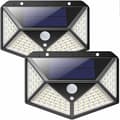 2 stk. utendørs solcellelamper med 100 LED, med bevegelsessensor, IP65 vanntett, med 3 moduser, for hage, gjerde, uteplass