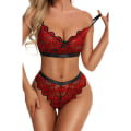 Miniatyrbild 1 av 3: Dam Babydoll Blommor Spets Underkläder Set BH Trosa Underkläder wine red L