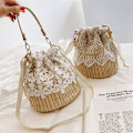 Miniatyrbillede 3 af 5: Græs Vævet Taske Rattan Vævet Strand Ferie Bærbar Crossbody Taske Læder