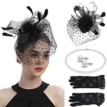 Miniatyrbillede 1 af 3: Fascinator hatte til kvinder, te-selskabshatte og handskesæt inklusive mesh-hatte, blondehandsker, perlehalskæde, øreringe til kvinder og piger