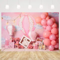 Miniatyrbillede 1 af 5: Baby Bear Fødselsdag Baggrund Pink Balloner Blomster Pige Portræt Baggrund Fotostudie Luftballon Photocall Rekvisit (7x5FT/2.1x1.5m)