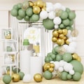 Miniatyrbilde 1 av 5: Salviegrønn ballongbue-sett - olivengrønne, gullfargede og hvite ballonger til babyshower, bursdagsfest og bryllupsdekorasjoner